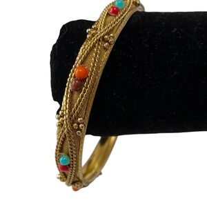 Art Deco Style Yellow Gold Tone Round 3” Bangle Bracelet Glass Stone Scrolling